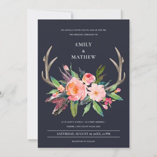 Invitation Mariage campagnard FLORAL FUN BOHO NAVY BLUSH ANTL (Devant)