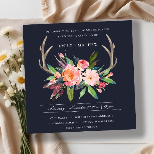 Invitation Mariage campagnard FLORAL FUN BOHO NAVY BLUSH ANTL