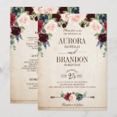 Invitation Mariage campagnard floral rustique de la marine de (Devant / Derrière)