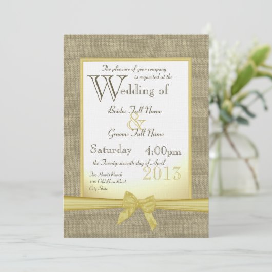 Invitation Mariage campagnard jaune Burlap and Bow 5x7 (Debout devant)