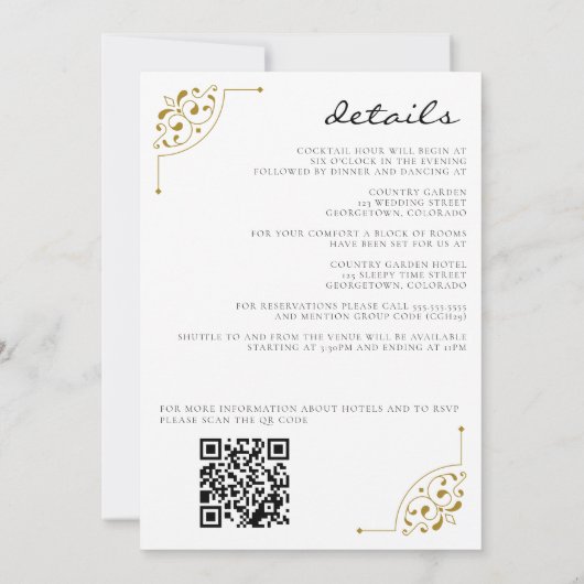 Invitation Mariage campagnard noir et or avec code QR (Dos)