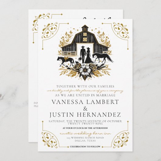 Invitation Mariage campagnard noir et or avec code QR (Devant / Derrière)