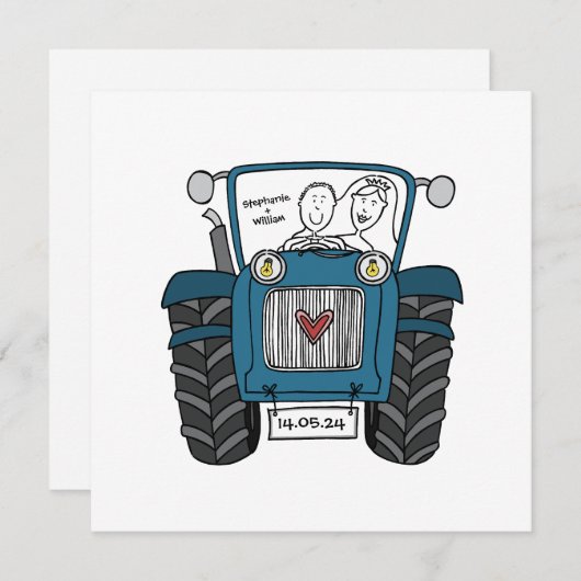 Invitation Mariage campagnard personnalisé Blue Tracteur Soir (Devant / Derrière)