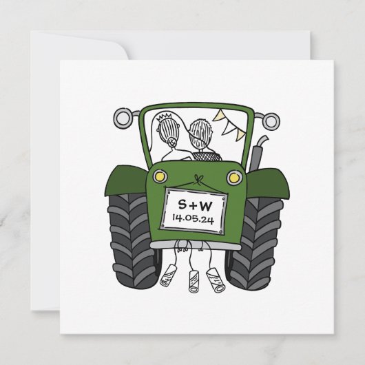 Invitation Mariage campagnard personnalisé Green Tractor Soir (Devant)