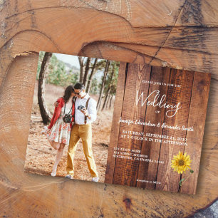 Invitation Mariage campagnard photo de tournesol en bois de g