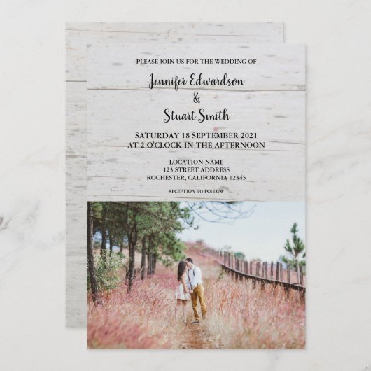 Invitation Mariage campagnard photo élégant en bois rustique (Devant / Derrière)