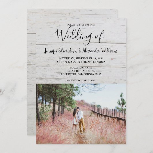 Invitation Mariage campagnard photo élégant en bois rustique (Devant / Derrière)