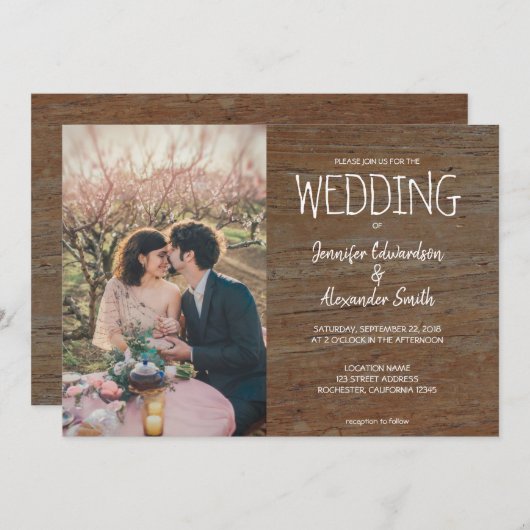 Invitation Mariage campagnard photo rustique en bois de grang (Devant / Derrière)