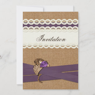 Invitation MARIAGE CAMPAGNARD pourpre pour burlap et dentelle