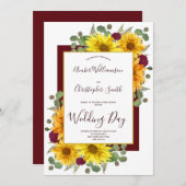 Invitation Mariage campagnard Rose rustique Tournesol Bourgog (Devant / Derrière)