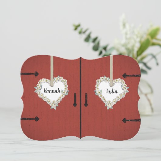 Invitation Mariage campagnard rouge rustique de grange et de (Debout devant)