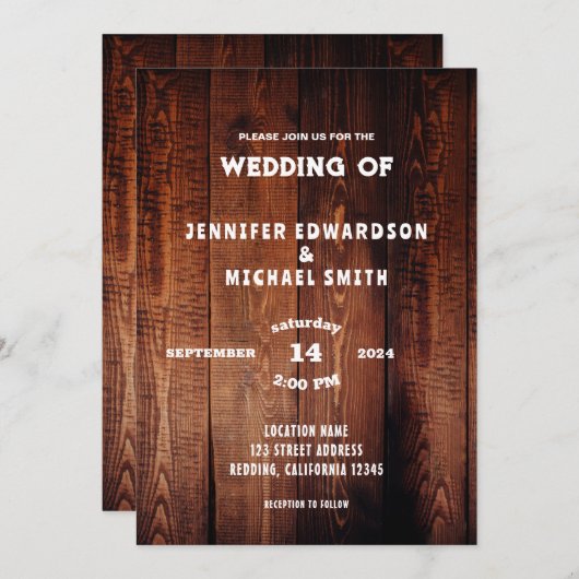 Invitation Mariage campagnard rural rustique en bois de grang (Devant / Derrière)