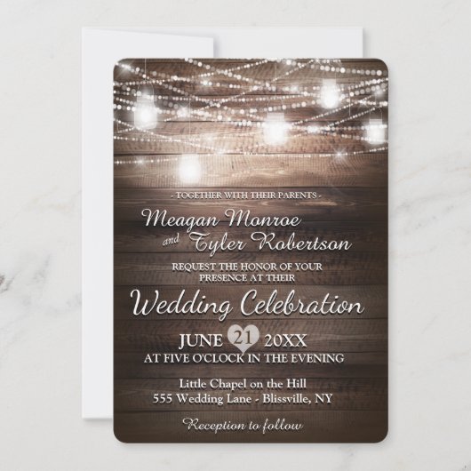 Invitation Mariage campagnard rustique avec des lumières de (Devant)