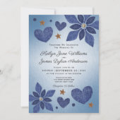 Invitation Mariage campagnard Rustique bleu Jean Denim Fleurs (Devant)
