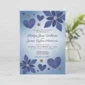 Invitation Mariage campagnard Rustique bleu Jean Denim Fleurs (Debout devant)