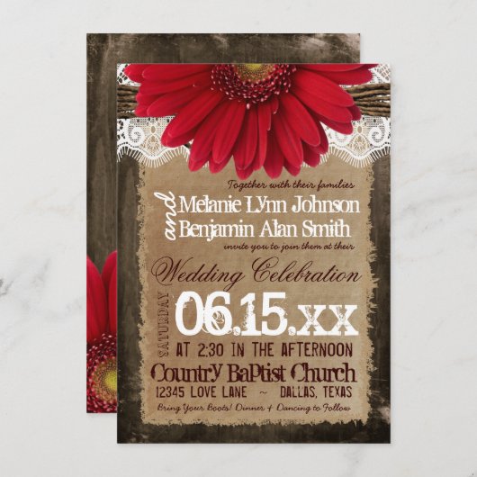 Invitation Mariage campagnard Rustique Bois Rouge Faisy Invit (Devant / Derrière)