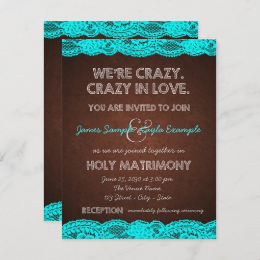 Invitation Mariage campagnard rustique Brown et Turquoise (Devant / Derrière)