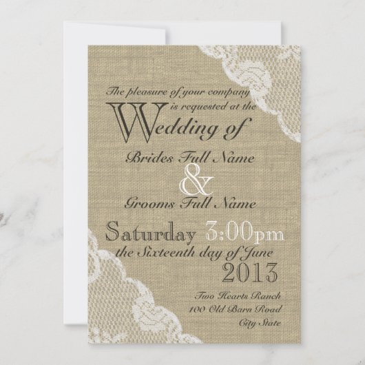 Invitation Mariage campagnard Rustique Burlap et dentelle (Devant)
