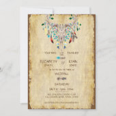 Invitation Mariage Campagnard Rustique, Crâne de Cerf, Plumes (Devant)