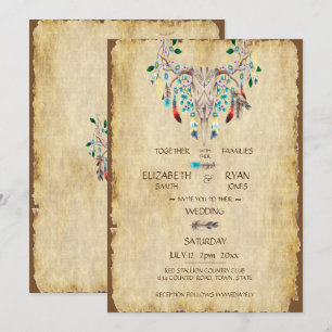 Invitation Mariage Campagnard Rustique, Crâne de Cerf, Plumes