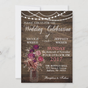 Invitation Mariage campagnard rustique de Mason Jar pourpre