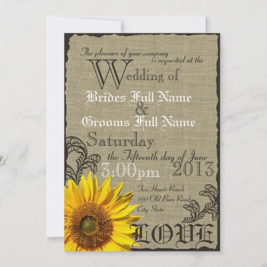 Invitation Mariage campagnard rustique du tournesol occidenta (Devant)