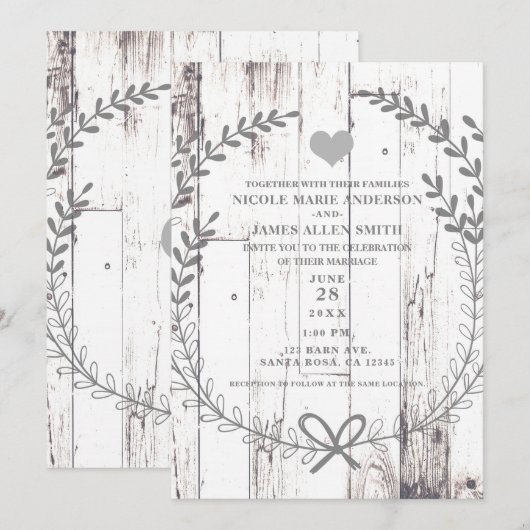 Invitation Mariage Campagnard Rustique en Bois Blanc de Style (Devant / Derrière)