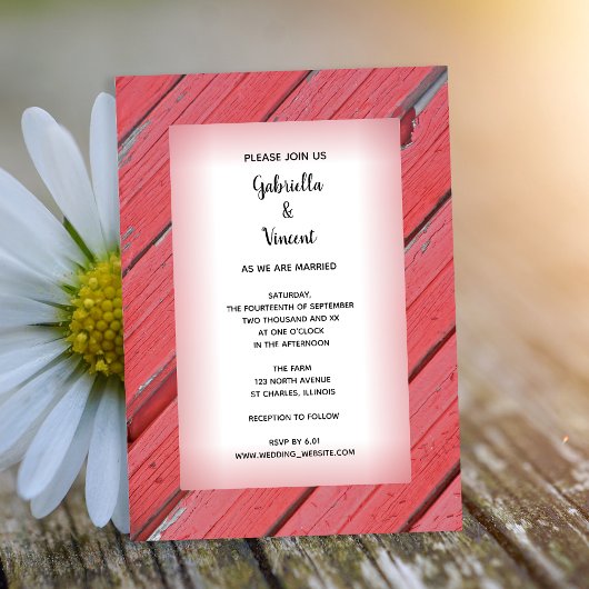 Invitation Mariage campagnard rustique en bois de grange roug
