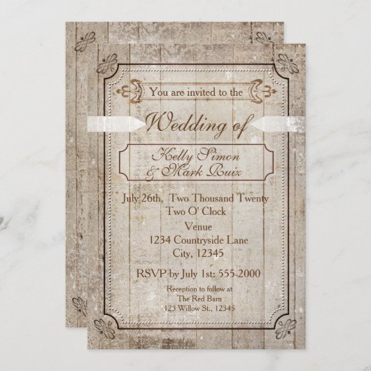 Invitation Mariage campagnard rustique en bois vin (Devant / Derrière)