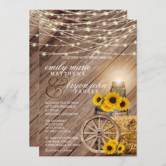 Invitation Mariage campagnard rustique et tournesols (Devant / Derrière)