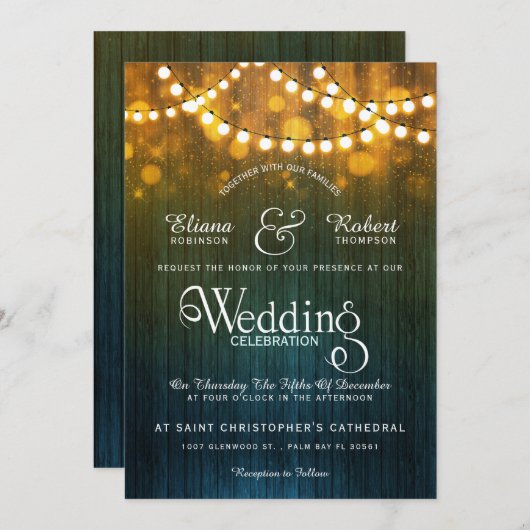 Invitation Mariage campagnard rustique lumières à cordes boke (Devant / Derrière)