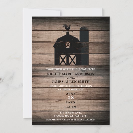 Invitation Mariage campagnard rustique Patiné en bois noir (Devant)