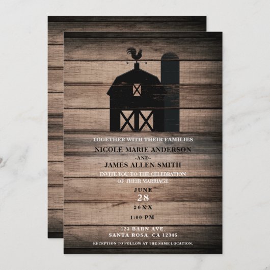 Invitation Mariage campagnard rustique Patiné en bois noir (Devant / Derrière)