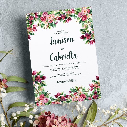 Invitation Mariage campagnard végétal vert bordeaux rose bota