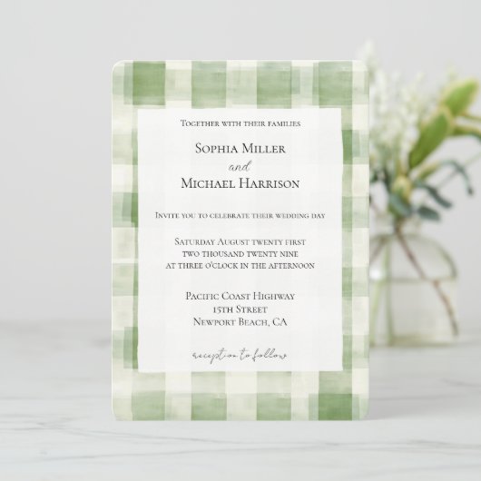 Invitation Mariage campagnard Western Green Cream Plaid Strip (Debout devant)