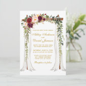 Invitation Mariage Canopée Aquarelle Floral Or Bourgogne (Debout devant)