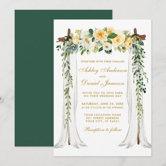 Invitation Mariage Canopée Vert or Aquarelle Jaune Floral (Devant / Derrière)