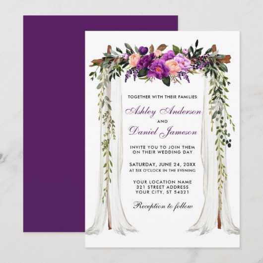 Invitation Mariage Canopy Aquarelle Purple Floral (Devant / Derrière)