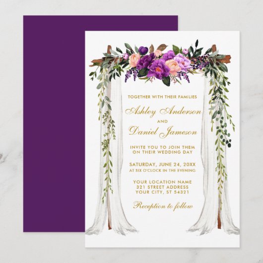 Invitation Mariage Canopy or Aquarelle violet Floral (Devant / Derrière)
