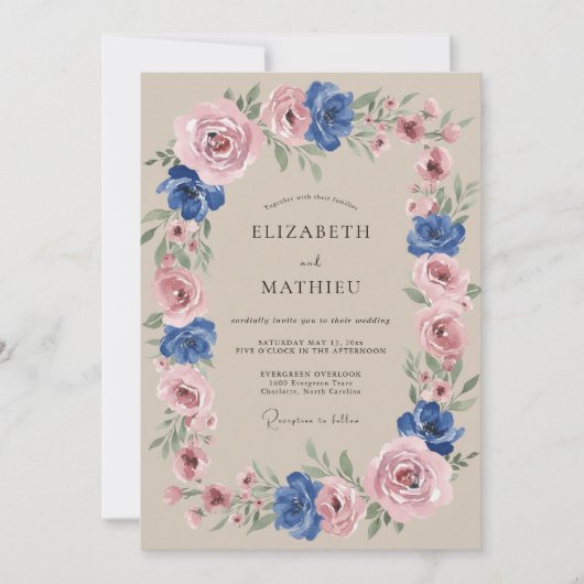 Invitation Mariage Caprice Botanique Bleu Rose (Devant)