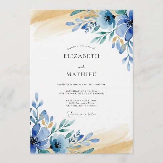 Invitation Mariage Caprice Floral Texturé Bleu (Devant)