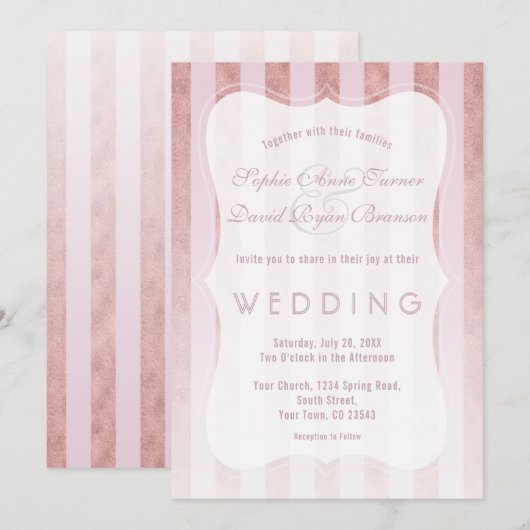 Invitation Mariage Caprice Rose Pâle et Or avec Rayures (Devant / Derrière)