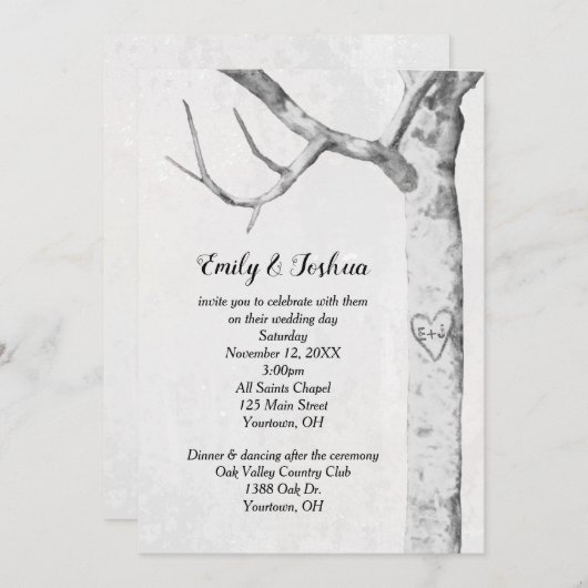 Invitation Mariage cardiaque de Birch Tree (Devant / Derrière)
