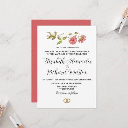 Invitation mariage carnation rose (Devant/Arrière en situation)