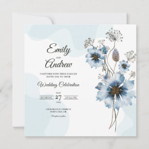 Invitation Mariage carré aquarelle fleur sauvage bleu poussié
