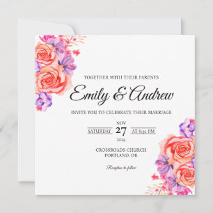 Invitation Mariage Carré Aquarelle Fleurie Rose Pêche Violet