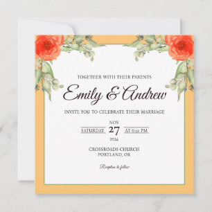 Invitation Mariage carré aquarelle florale feuille de rose or