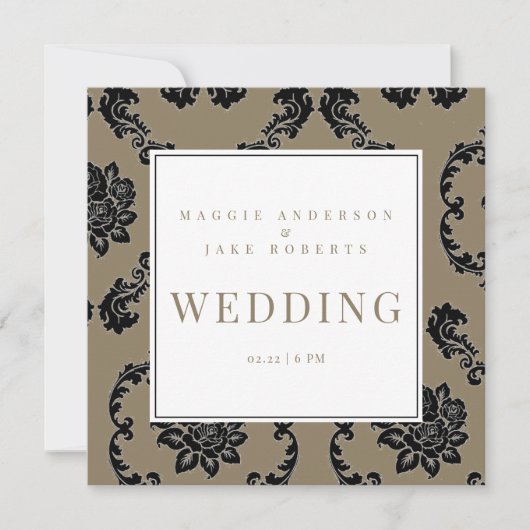 Invitation Mariage Carré Black & Gold Damask (Devant)
