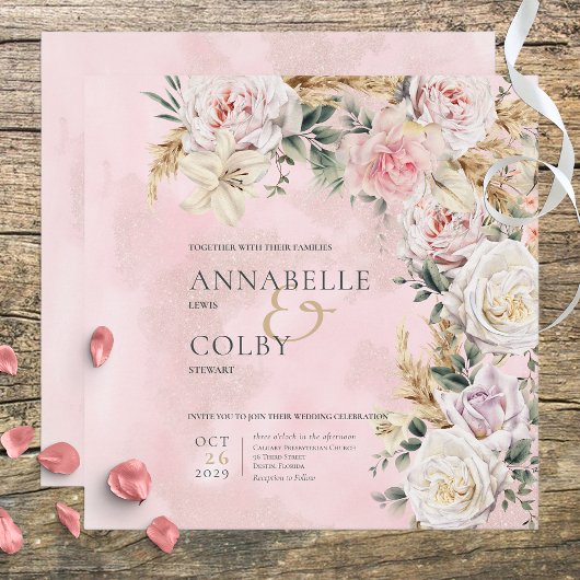 Invitation Mariage Carré Boho Pampas & Roses Rose