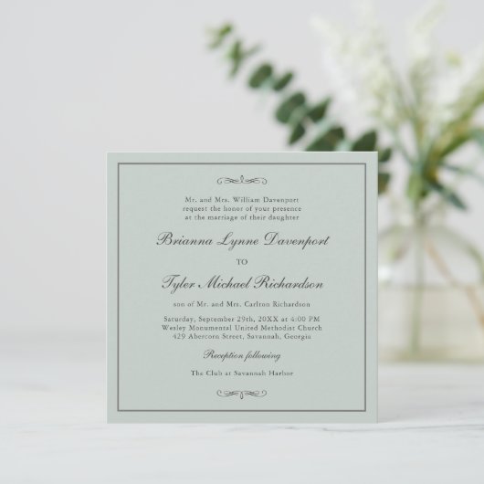 Invitation Mariage Carré classique simple élégant Sage Green (Debout devant)